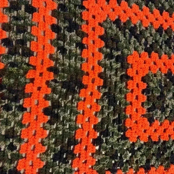Handmade crocheted baby afghan blanket in orange & camo with tassels on corners - Picture 2 of 5